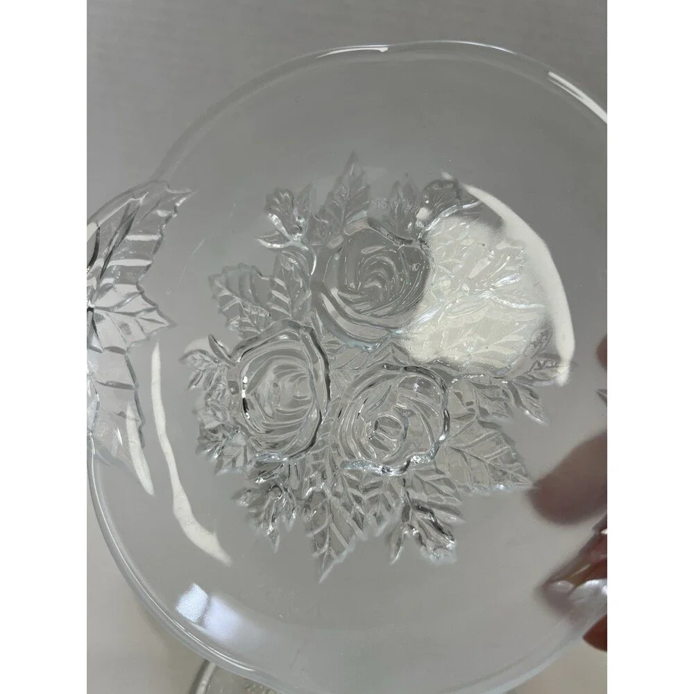 Vintage Pressed Roses Glass Candy  Dish Jar Lid 5 1/2” Underplate Frosted 8”